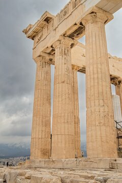 The Parthenon temple during cloudy winter day without people