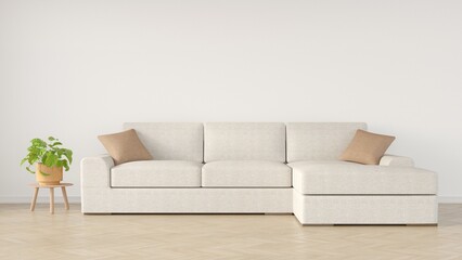 Empty living room wall mockup with white sofa, pillows and plant in the pot on blank white interior background. Illustration, 3d rendering