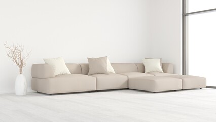 Empty living room wall mockup with beige sofa and window on blank white interior background. Illustration, 3d rendering