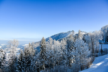 Verschneite schöne Aussicht mit Bergen