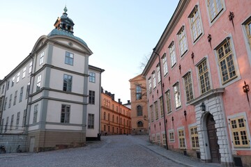 Wrangel Palace, Swedish: Wrangelska palatset, or Court of Appeal of Svealand,  townhouse mansion with Stenbock Palace on right, Riddarholmen islet, Gamla Stan, Stockholm, Sweden