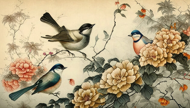 Flower-and-bird painting, Chinese painting, flowers, birds