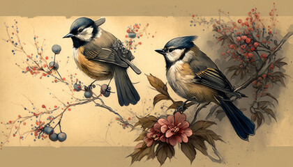 Flower-and-bird painting, Chinese painting, flowers, birds