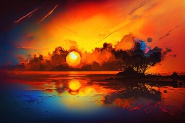 Beautiful sunset or sunrise illustration digital art design, generative ai