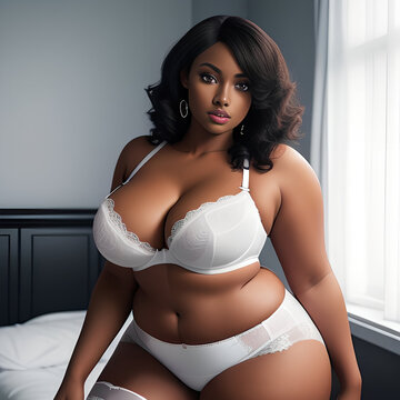 Curve african american woman plus size model in lace black lingerie looking in camera in bedroom. Generative AI