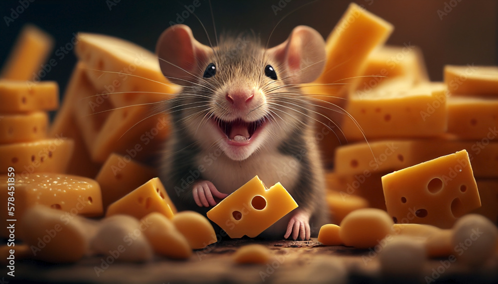 Wall mural cheesy mouse eating cheese. ai generated.