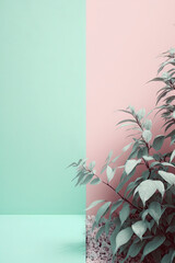 Nature Pastel Pink and Mint Green Background with empty copy space for text - Nature Pink and Green Backdrops - Nature Pink and Green Wallpaper created with Generative AI technology