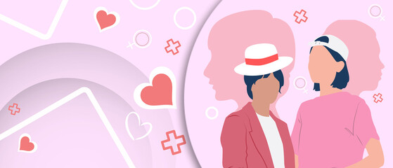 International Women's Day and love of queer people in women's lives concept on Pink Background. Futuristic, 8 march, sale, Template, Design, copy space, banner -3d Rendering