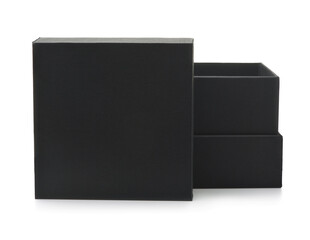 Open black paper gift box with blank lid
