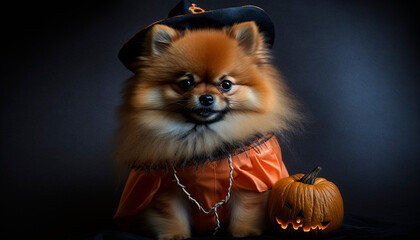 Cute Pomeranian dog dressed as a witch for Halloween
