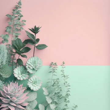 Summer Pastel Pink and Mint Green Background with empty copy space for text - Summer Pink and Green Backdrops - Summer Pink and Green Wallpaper created with Generative AI technology