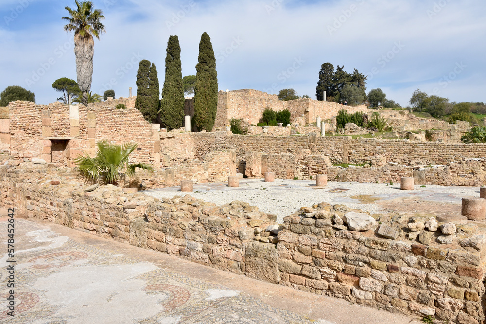 Wall mural ancient roman villa foundations with mosaic flooring, carthage archeological site