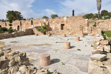 Ancient Roman Villa Foundations with Mosaic Flooring and Column Stumps, Carthage Archeological Site