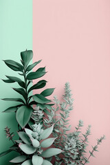 Fototapeta na wymiar Plants Pastel Pink and Mint Green Background with empty copy space for text - Plants Pink and Green Backdrops - Plants Pink and Green Wallpaper created with Generative AI technology