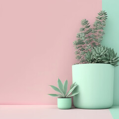Plants Pastel Pink and Mint Green Background with empty copy space for text - Plants Pink and Green Backdrops - Plants Pink and Green Wallpaper created with Generative AI technology
