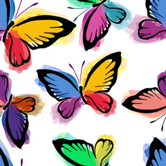 Watercolor seamless pattern with butterflies on white background. Hand painted background. Vector illustration.