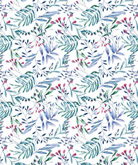Meadow summer flowers seamless pattern on white background. Spring golden and green plants