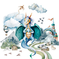 Dragons and castle watercolor illustration. Fairy tale print