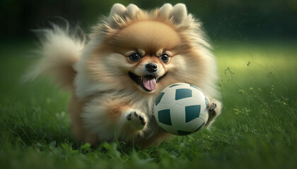 Adorable Pomeranian dog having fun playing soccer on a green field