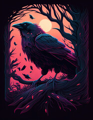 Vibrant Crow Illustration with Thick Lines for Multiple Use: Ideal for Album Covers, T-Shirts, Halloween and More -  Artwork with Vibrant Colors and Intricate Details. Generative AI