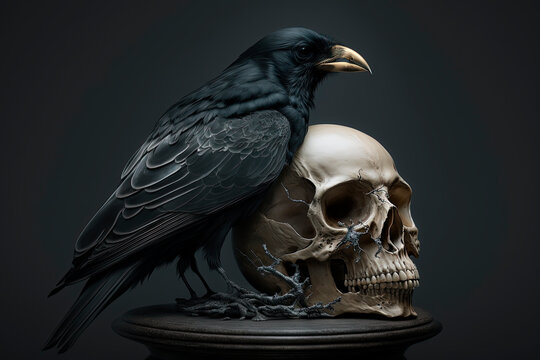 A black bird sitting on top of a skull. Crow. Death. Generative AI