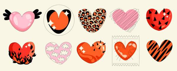 Fototapeta premium Heart symbol set in 90s style. Vector contour illustration with animal decor