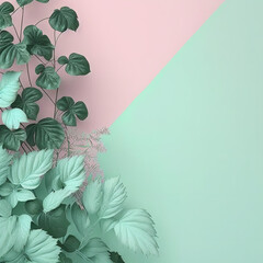 Plants Pastel Pink and Mint Green Background with empty copy space for text - Plants Pink and Green Backdrops - Plants Pink and Green Wallpaper created with Generative AI technology