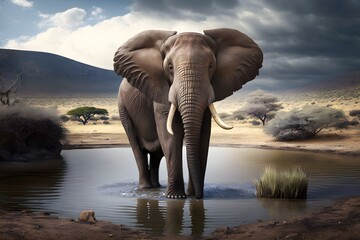Fototapeta na wymiar Wallpaper Illustration and background of a beautiful elephant, realistic. Front view. Concept of strength, imposing and grandeur, wild world. Generative AI.