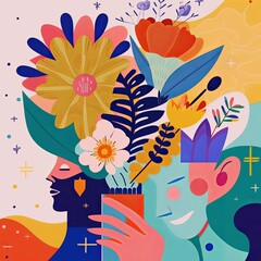 Illustration of abstract floral background with a women. Concept for celebration of women's day. Generative AI.