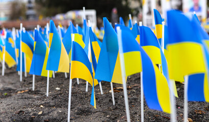 Ternopil, Ukraine - February 2023: Ukrainian yellow and blue flags on the avenue of memory of...