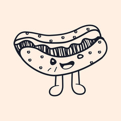 funny face with a smile, Hotdog Doodle Cartoon character Line Art