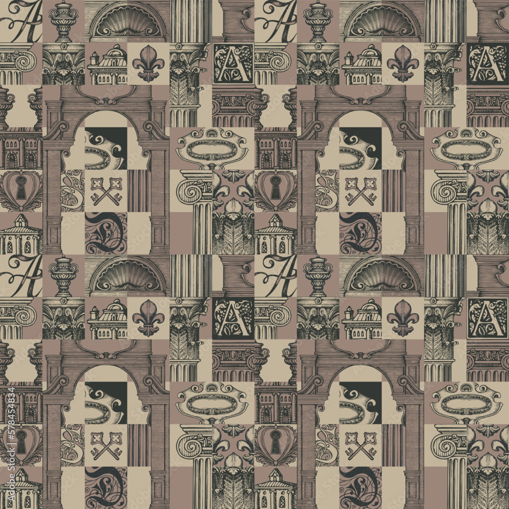 Poster abstract seamless pattern on theme of medieval architecture and art. vector background with colored 