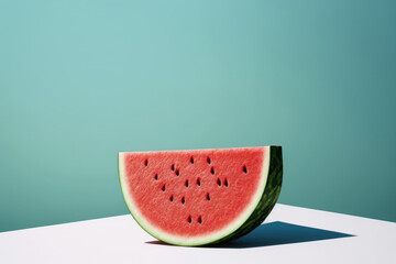 Slice of watermelon on the table minimalist style image. Watermelon over turquoise blue background with copy space. Generative AI - obrazy, fototapety, plakaty