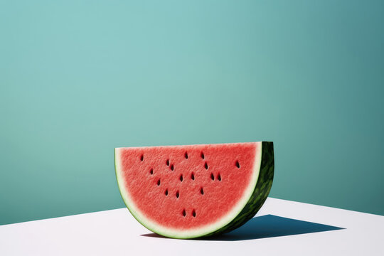 Slice of watermelon on the table minimalist style image. Watermelon over turquoise blue background with copy space. Generative AI