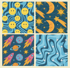 Retro 70s psychedelic seamless patterns with rocket, star, smile, planet. Groovy hippie backgrounds.