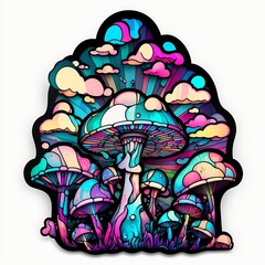 mushrooms shaped, sticker, psychedelic, pills, trippy, hallucinations, colorful, pink, purple, turquoise blue, emissive colors, rainbows clouds stars,
