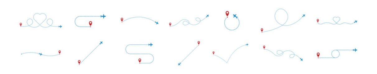 Airplane line path set. Set of the plane icons. Vector illustration.