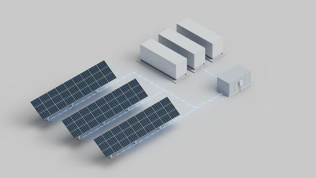 Solar panels connected to energy storage. Electricity generated by the solar panels is charging the batteries and is stored in the batteries. Isometric view. Looping video.