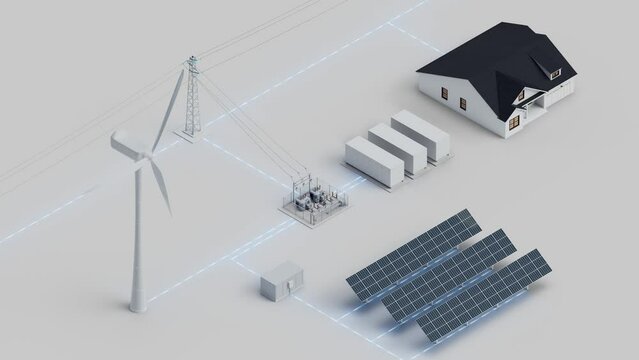 Wind turbine, solar panels and batteries connected to the power grid. Electricity generated by the wind and solar is sent to the grid and saved in the energy storage. Isometric view. Looping video.