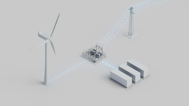 The wind turbine and energy storage connected to the substation and to the power grid. Electricity flows from the turbine to the power grid and stored in the batteries. Isometric view. Looping video.
