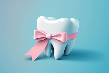 Close-up of a plastic tooth with a pink bow on turquoise blue background. Minimalist image of tooth with a pink bow as first tooth concept. Healthy teeth concept. Generative AI