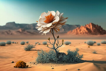 One flower in a dried desert concept. Generative AI