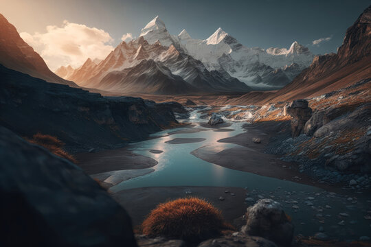 Dawn landscape image with mountains and river. Generative AI