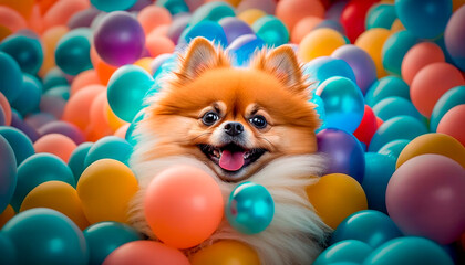 Fototapeta na wymiar Fluffy Pomeranian in a Colorful Ball Pit with Hundreds of Balloons