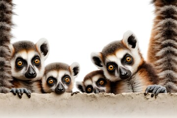 Fototapeta premium Background of a beautiful lemur. Wallpaper illustration. Front view with copy space for text information or content. Concept of tribute, celebration and greeting card, wild world. Generative AI.