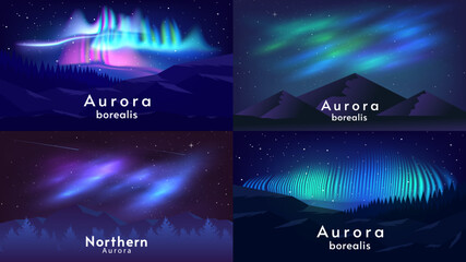 Set of horizontal aurora landscape. Night starry sky. Design for banner, wallpaper, cover, poster, postcard, invitation. 