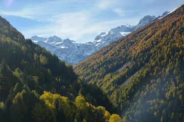 Südtiroler Berglandschaft mit Blick auf  schneebedeckte Gipfel und herbstliche Wälder
