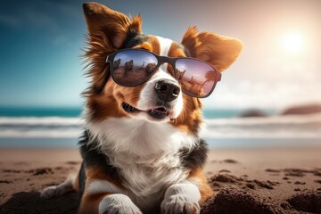Dog wearing sunglasses on the beach, Generative AI
