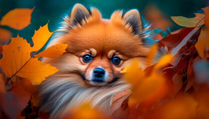 Pomeranian pup peeks through a sea of colorful autumn leaves