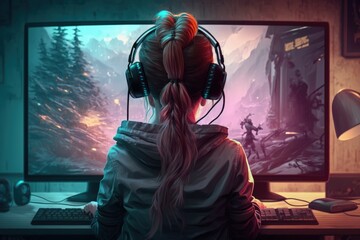 Gamer girl playing on computer, back view of gamer girl looking at monitor, Generative AI